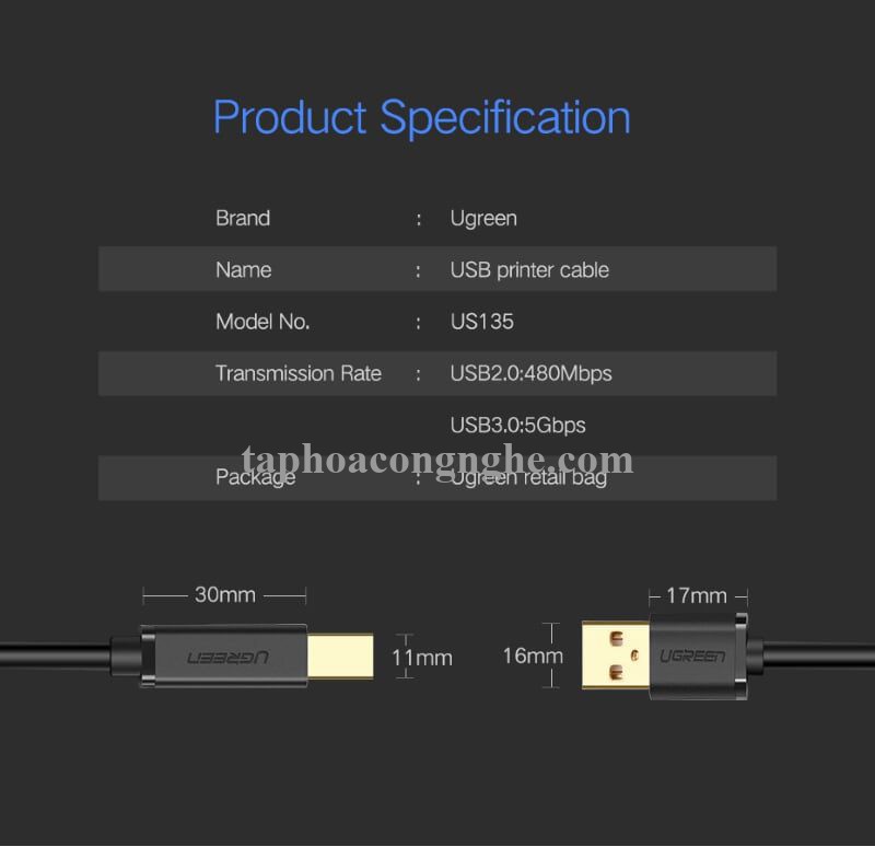 Ugreen 10351 3M màu Đen Cáp USB 2.0 sang USB B máy in đầu mạ vàng US135 30010351